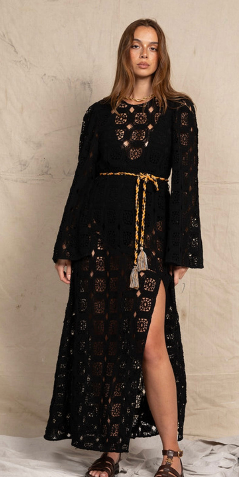 Bohemian Traders - Crochet Flared Sleeves Maxi Dress- Black - size M (12-14)