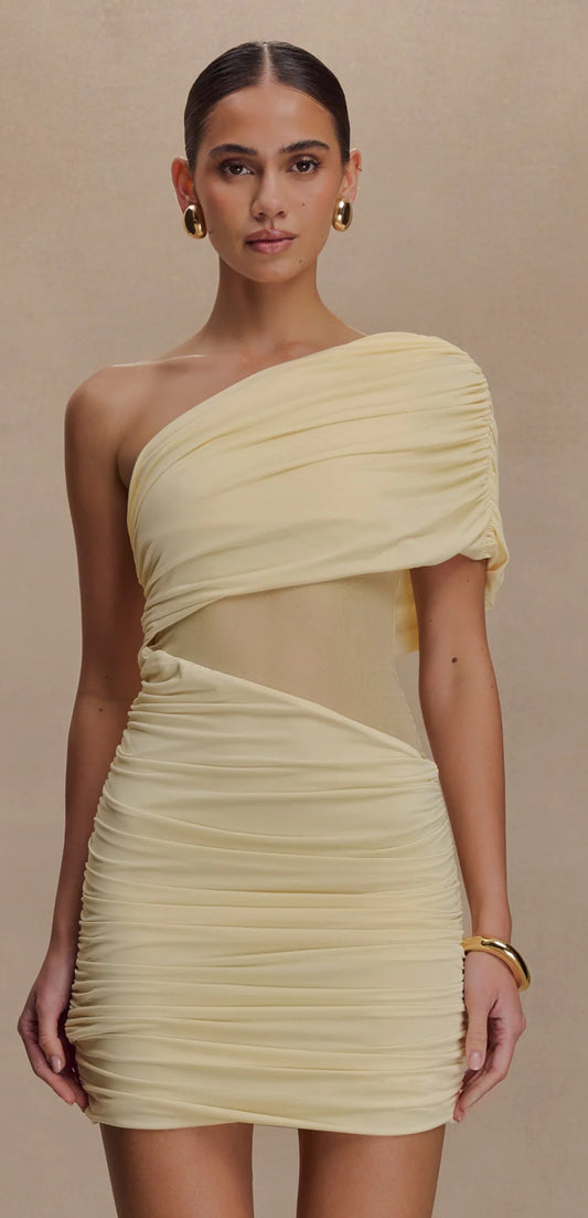 Dallas One Shoulder Mesh Mini Dress Lemon