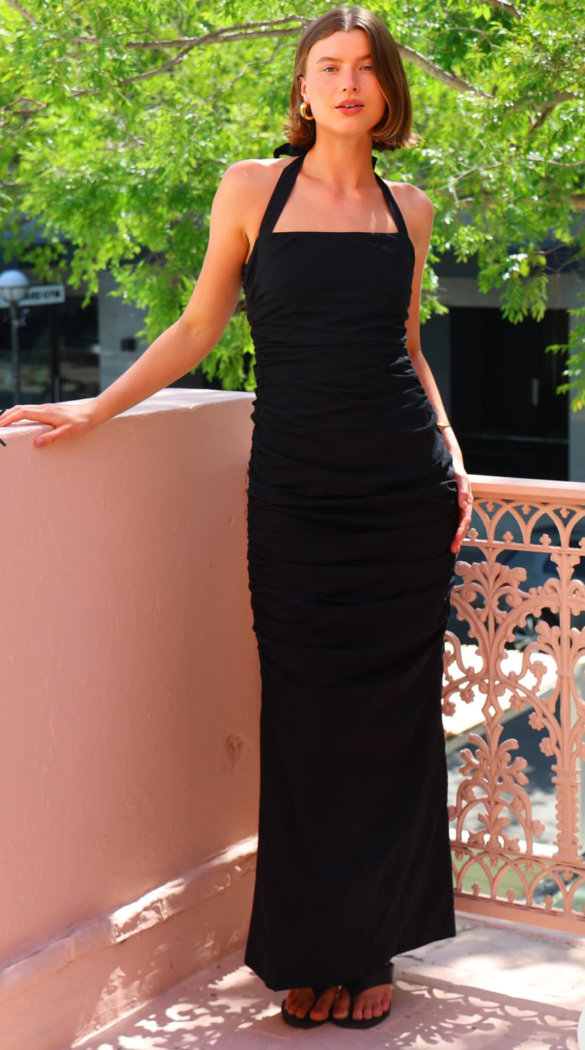 By Nicola Bay Linen Halter Neck Gathered Dress Black