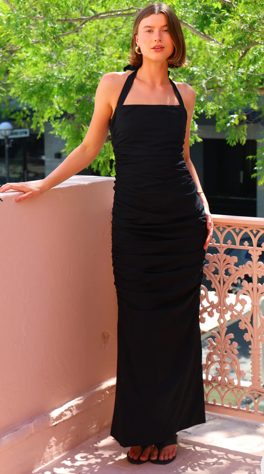 By Nicola Bay Linen Halter Neck Gathered Dress Black